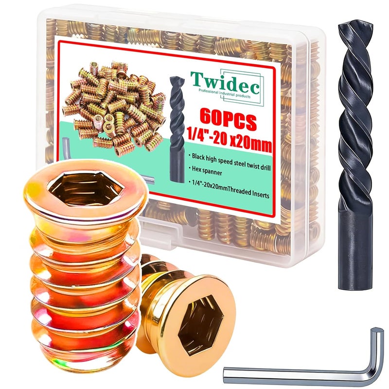 Twidec /60PCS 1/4"-20 Threaded Inserts for Wood Furniture Screw-in Nut Wood Inserts Bolt Assortment Kit with M6 Hex Wrench (1/4"-20 x20mm) N-059-1/4x20 - Image 1
